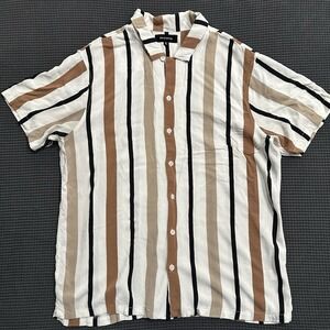 PacSun Men's XL Striped Button Up Shirt Tan Black White Rayon Casual Summer